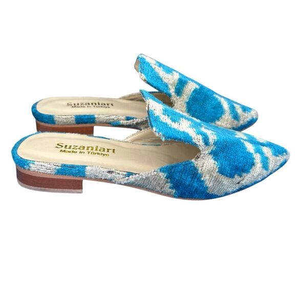 SUZANI ART Velvet Silk Leather Ikat Mule Shoes Slippers Blue EU 39 US 8.5 Turkey - Picture 2 of 6